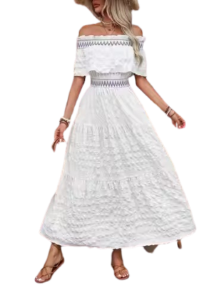 Boho Off-Shoulder Smocked Maxi Dress