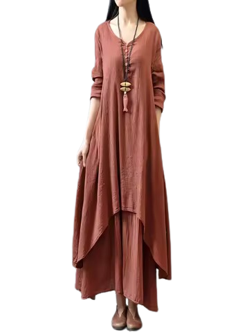 Boho Asymmetrical Hem Long Sleeve Maxi Dress