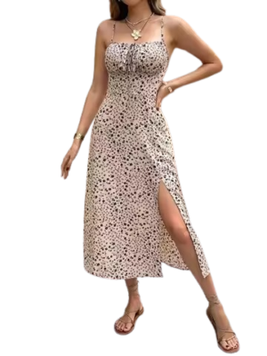 Elegant Floral Side Slit Spaghetti Strap Midi Dress